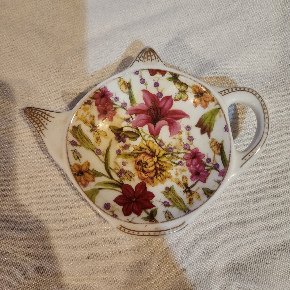 Vintage Floral Teapot Tea Bag Holder Trinket Dish Cottagecore Decor